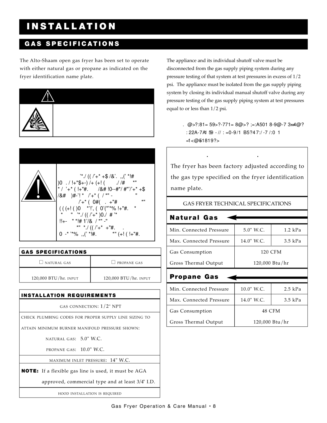 Alto-Shaam FryTech Series manual Warnin, GA S Specificat Ions 