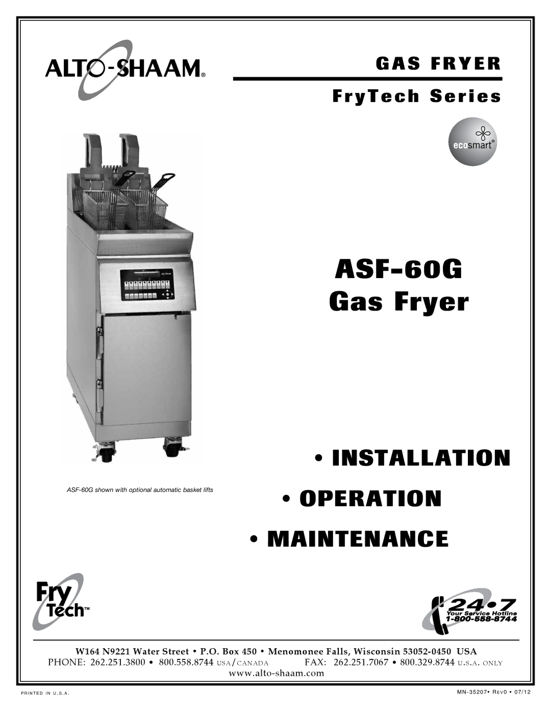 Alto-Shaam ASF-60G, Gas Fryer manual 