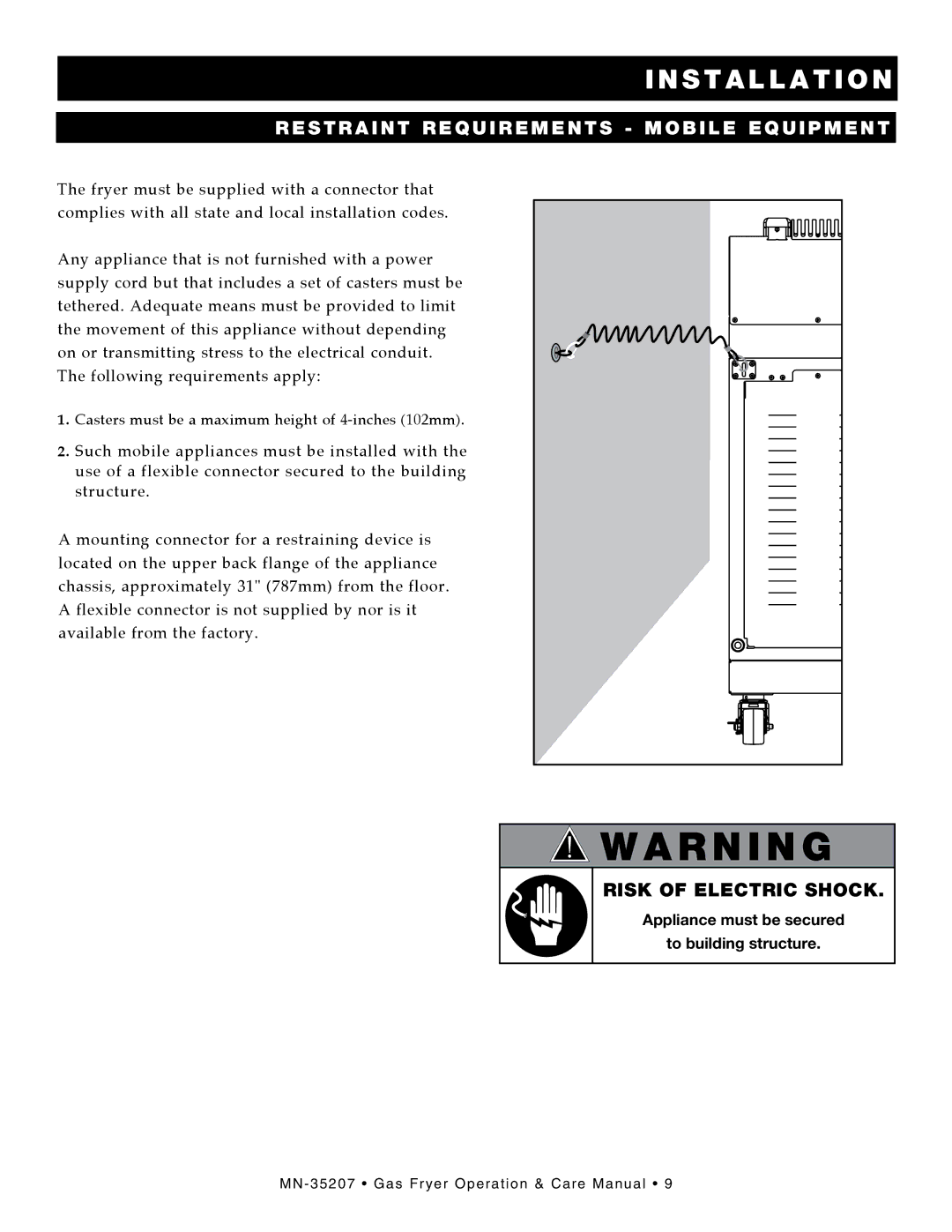Alto-Shaam ASF-60G, Gas Fryer manual S t r a i n t requirements mobile equipment, Risk of Electric Shock 