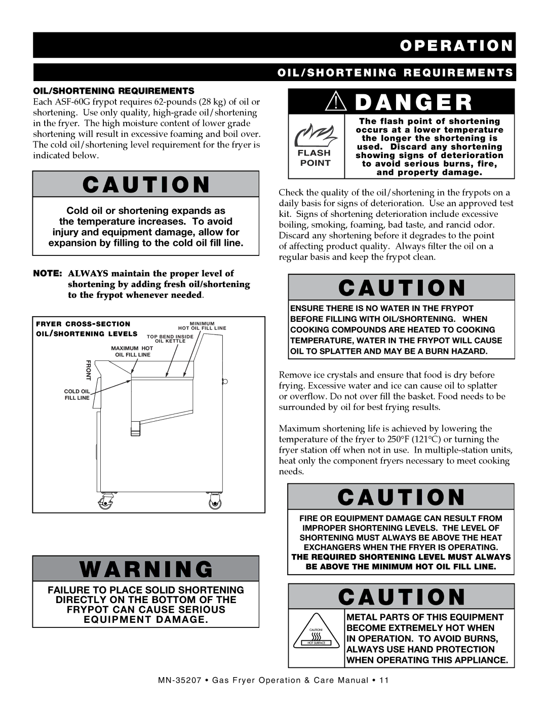 Alto-Shaam ASF-60G, Gas Fryer manual Operation, L/s h o r t e n i n g requirements 