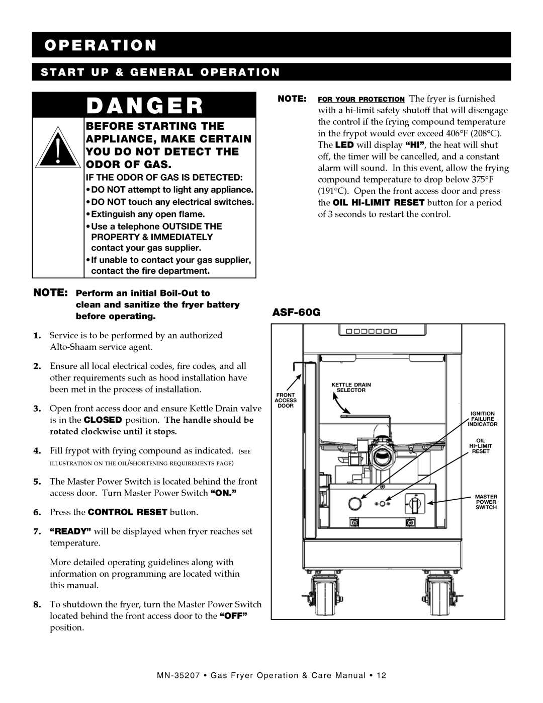 Alto-Shaam Gas Fryer manual E r a t i o n, Start up & general operation, ASF-60G 