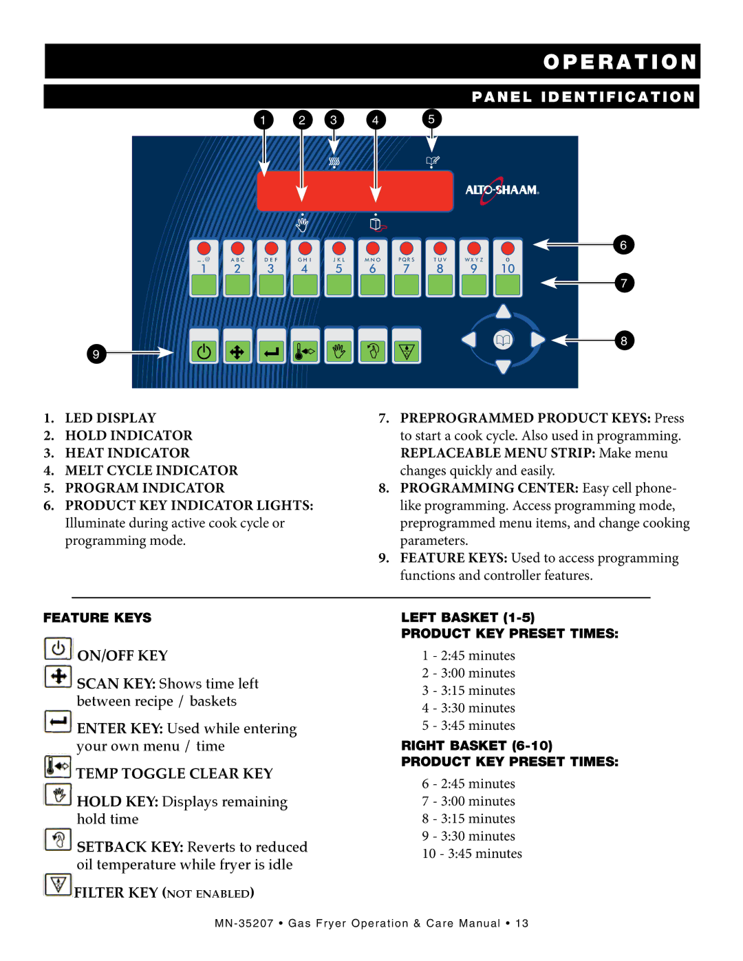 Alto-Shaam ASF-60G, Gas Fryer manual N e l identification, On/Off key, Temp toggle clear key, Filter key not enabled 