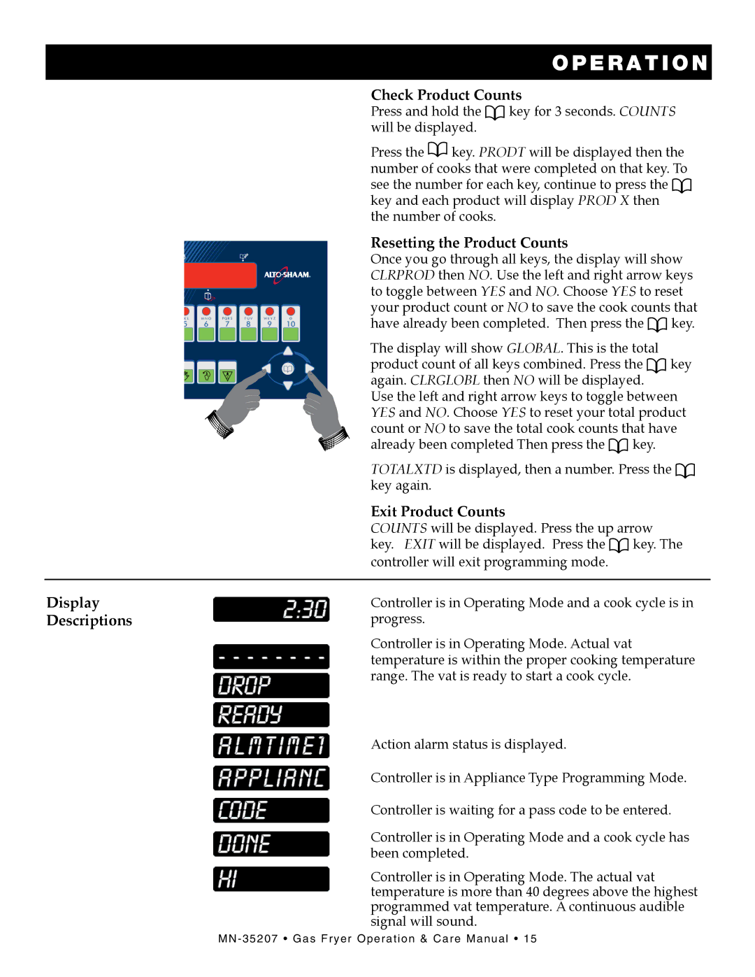 Alto-Shaam ASF-60G manual Display Descriptions, Check Product Counts, Resetting the Product Counts, Exit Product Counts 