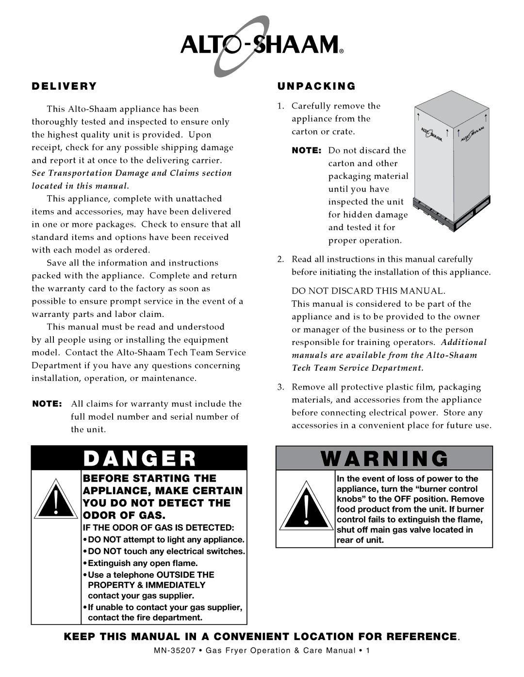 Alto-Shaam ASF-60G, Gas Fryer manual L I V E R Y, P a C K I N G, Keep this Manual in a Convenient Location for Reference 