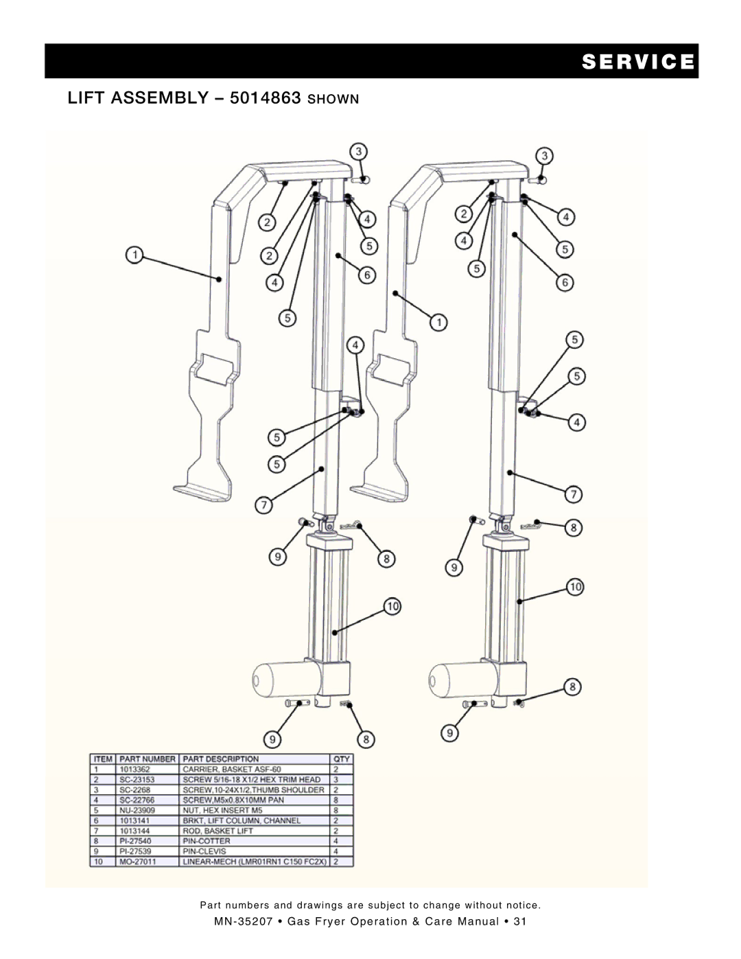 Alto-Shaam ASF-60G, Gas Fryer manual Lift Assembly 5014863 shown 