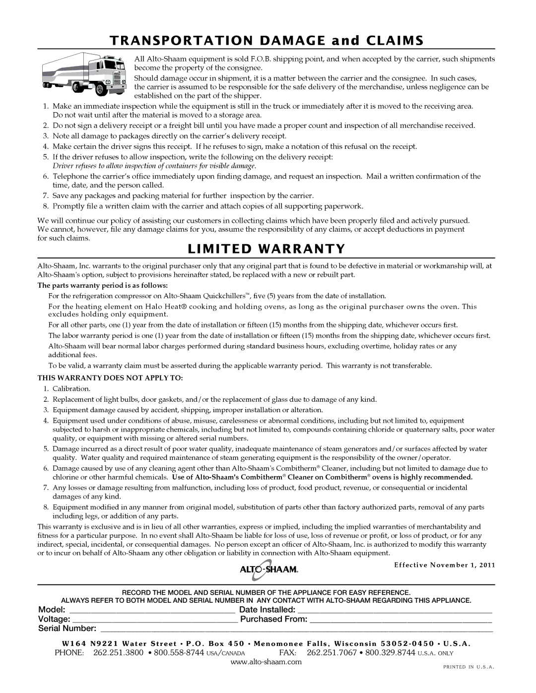 Alto-Shaam ASF-60G, Gas Fryer manual Limited Warranty 