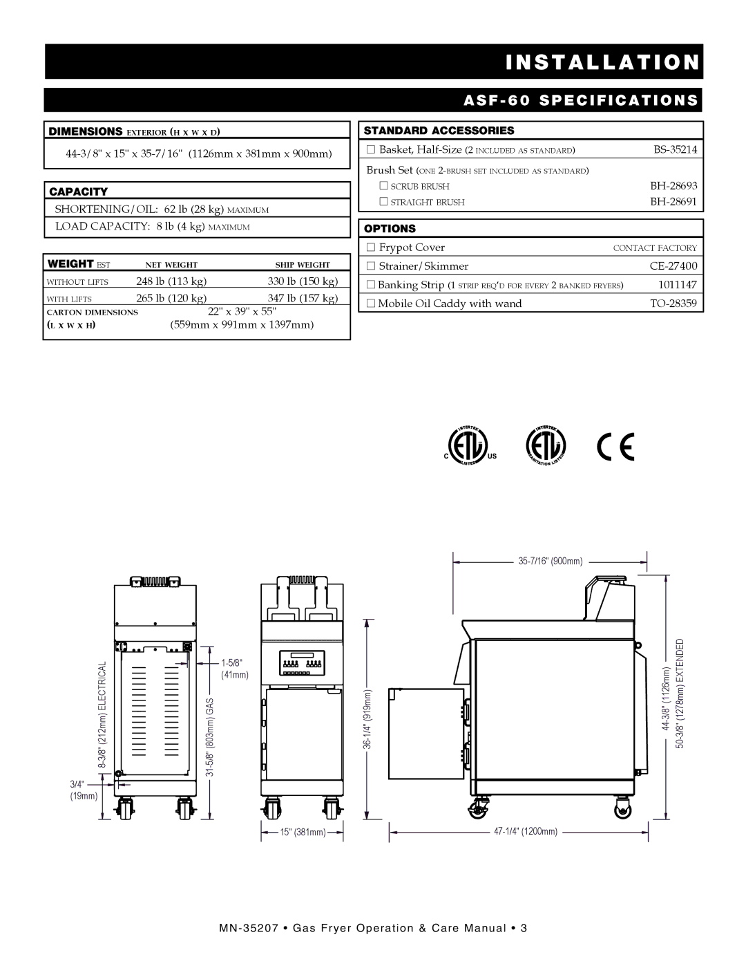 Alto-Shaam ASF-60G, Gas Fryer manual ASF 60 Specifications, Weight EST 