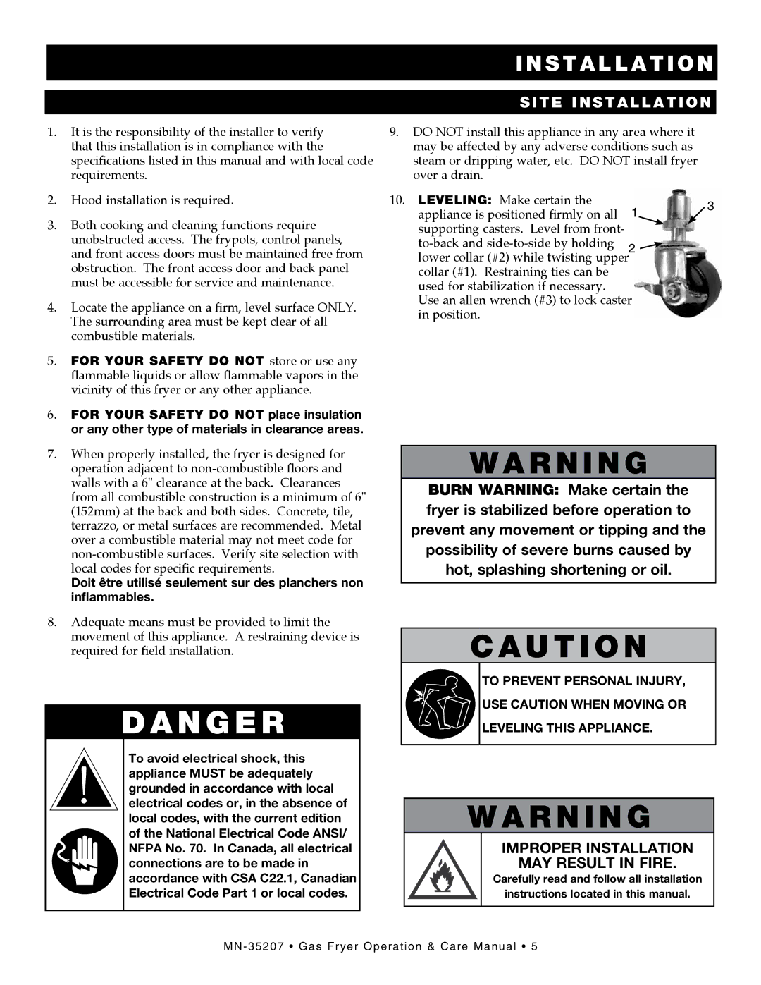 Alto-Shaam ASF-60G, Gas Fryer Improper Installation MAY Result in Fire, Locate the appliance on a firm, level surface only 