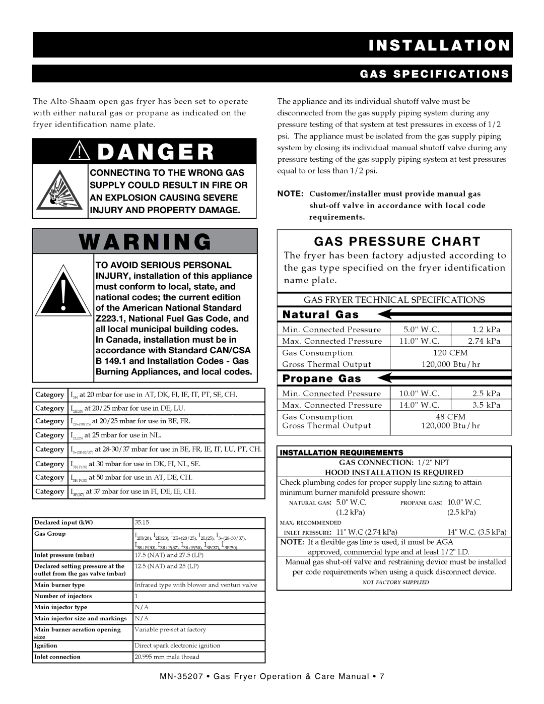 Alto-Shaam ASF-60G, Gas Fryer manual Gas specifications, Natural Gas, Propane Gas 