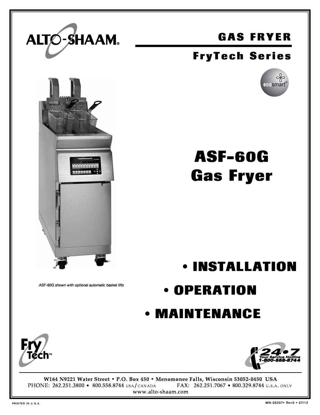 Alto-Shaam ASF-60G manual Installation, Operation, Maintenance, Gas Fryer, G A S F R Y E R, F r y T e c h S e r i e s 