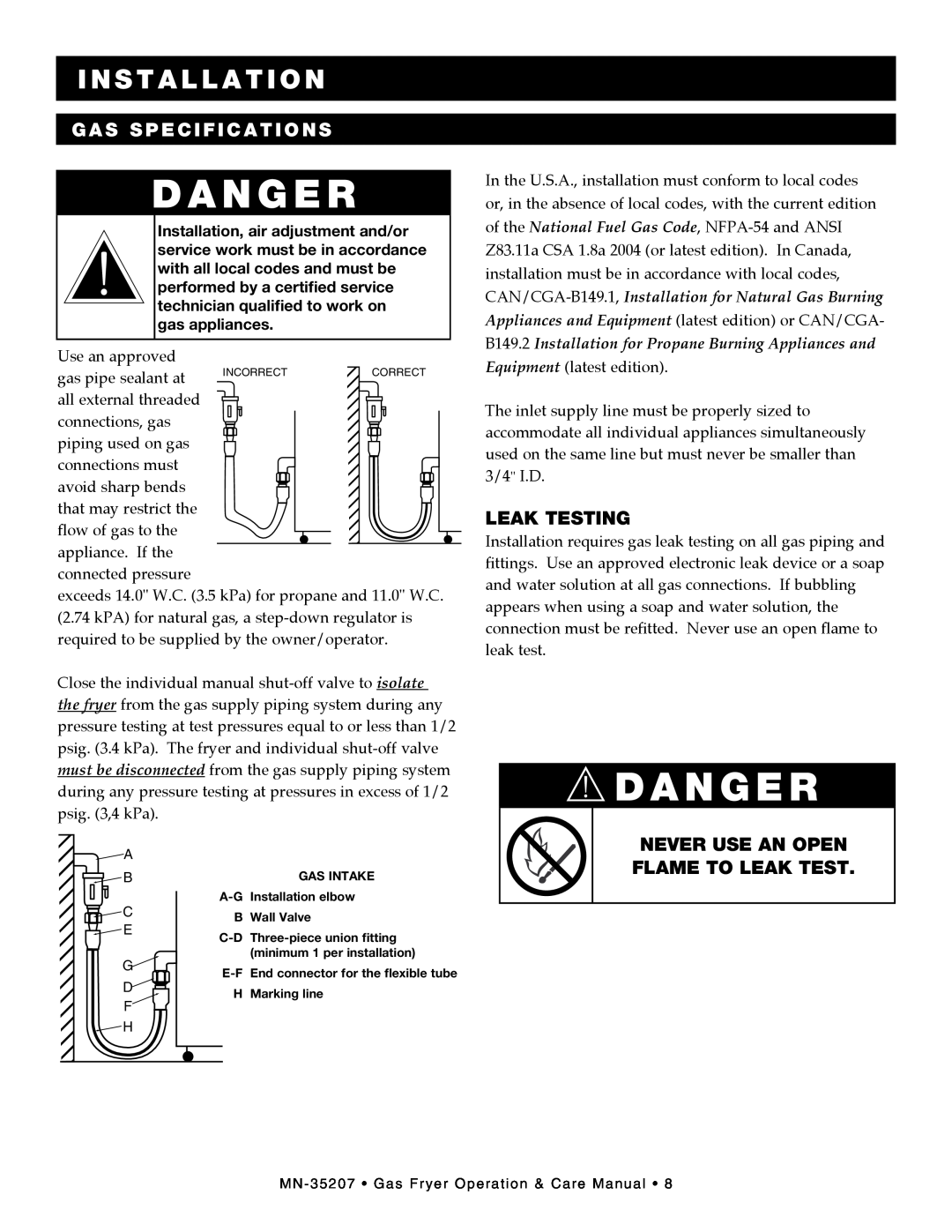 Alto-Shaam Gas Fryer, ASF-60G manual Leak Testing, Never Use An Open Flame To Leak Test, d A N G E R, dANGER, installation 