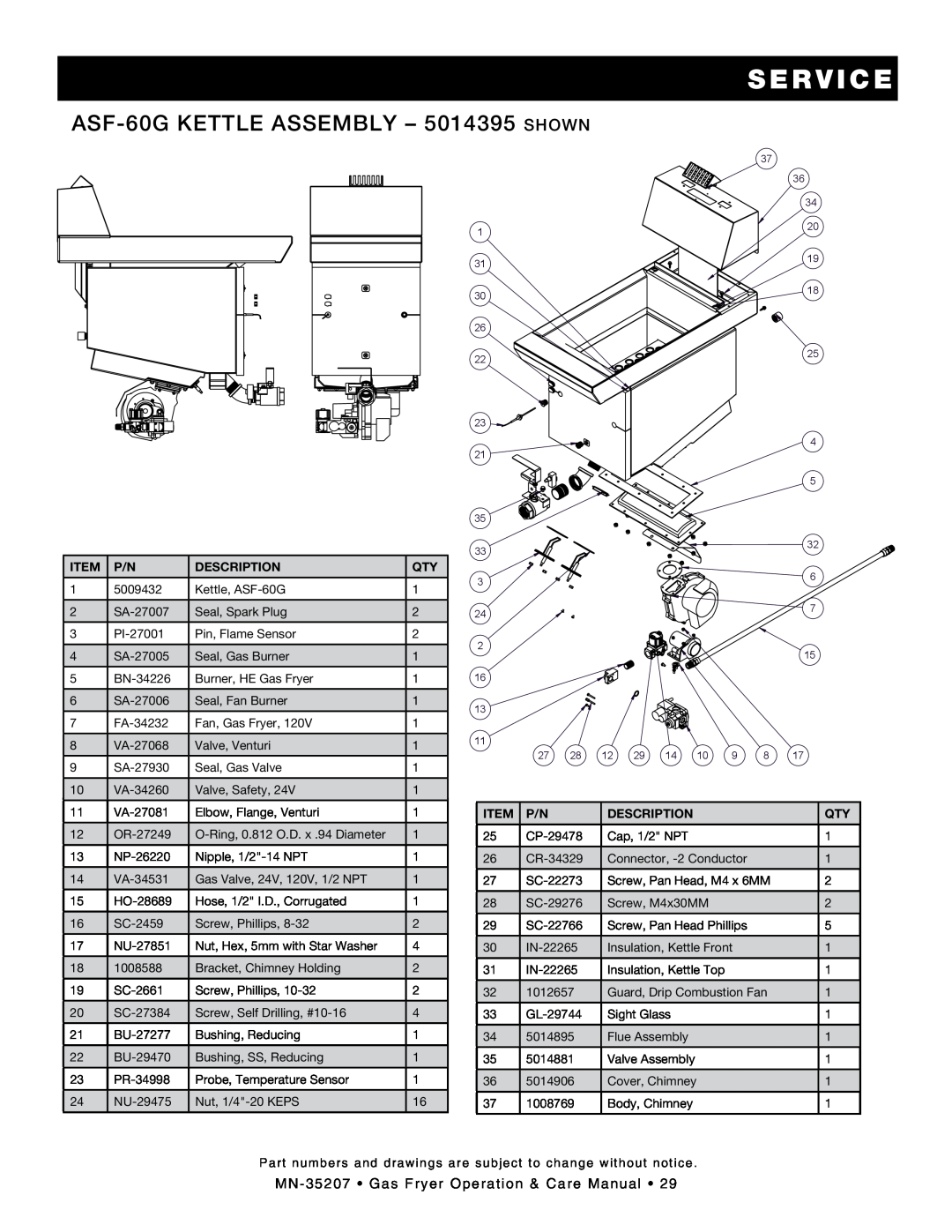 Alto-Shaam Gas Fryer manual ASF-60G Kettle Assembly - 5014395 shown, s e r v i c e, Description 