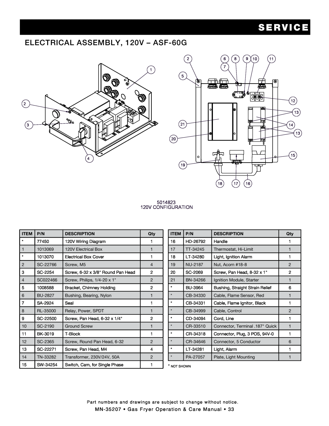 Alto-Shaam Gas Fryer manual Electrical Assembly, 120V - ASF-60G, s e r v i c e, 5014823 120V CONFIGURATION, Description 