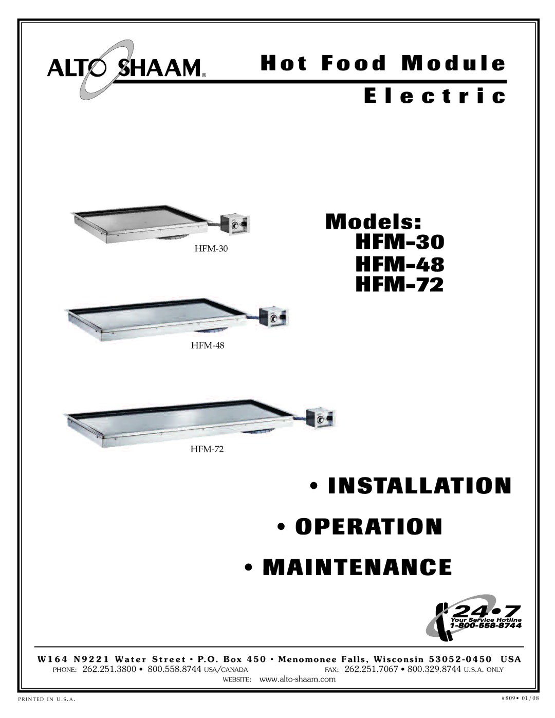 Alto-Shaam HFM-72, HFM-48, HFM-30 manual Inst Allatio N Operation MAI Ntena NCE 