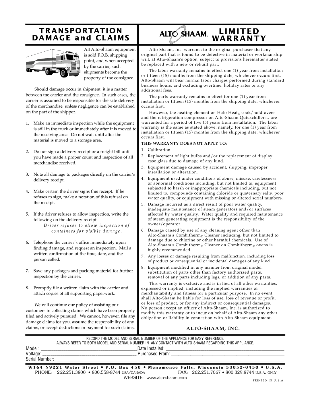 Alto-Shaam HFM-72, HFM-48, HFM-30 manual Warranty, Alto-Shaam, Inc 