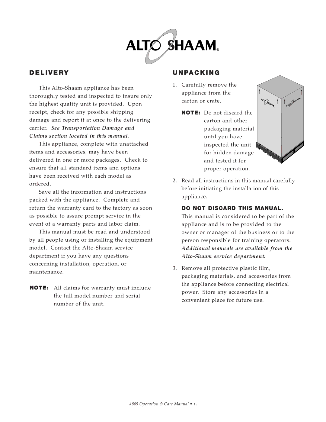 Alto-Shaam HFM-30, HFM-48, HFM-72 manual Deliver Y, Do not Disca RD this Manual 