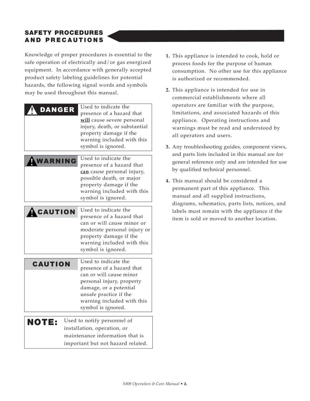 Alto-Shaam HFM-48, HFM-72, HFM-30 manual Safety Proced URE S AN D PRE C Autions 