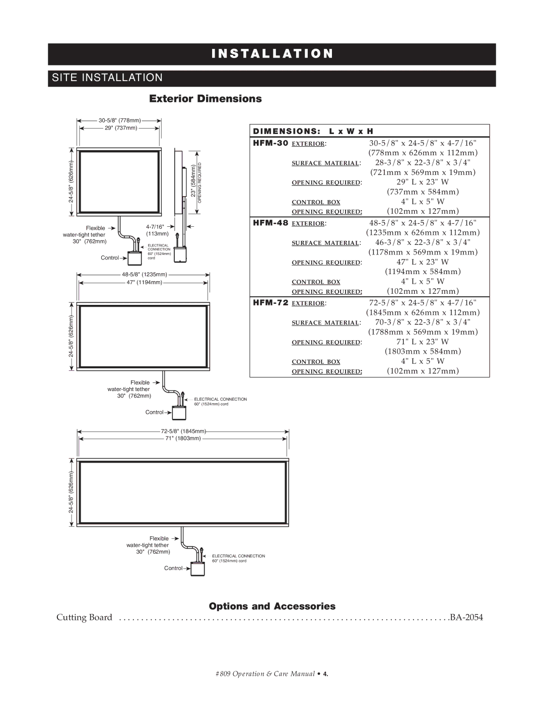 Alto-Shaam HFM-30, HFM-48, HFM-72 manual ST AL L Ation, Exterior Dimensions 