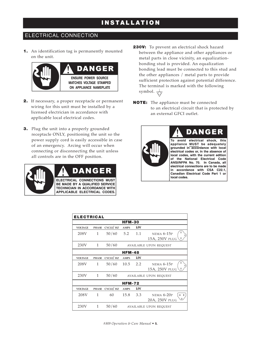 Alto-Shaam HFM-48, HFM-72, HFM-30 manual ELE Ctrical 