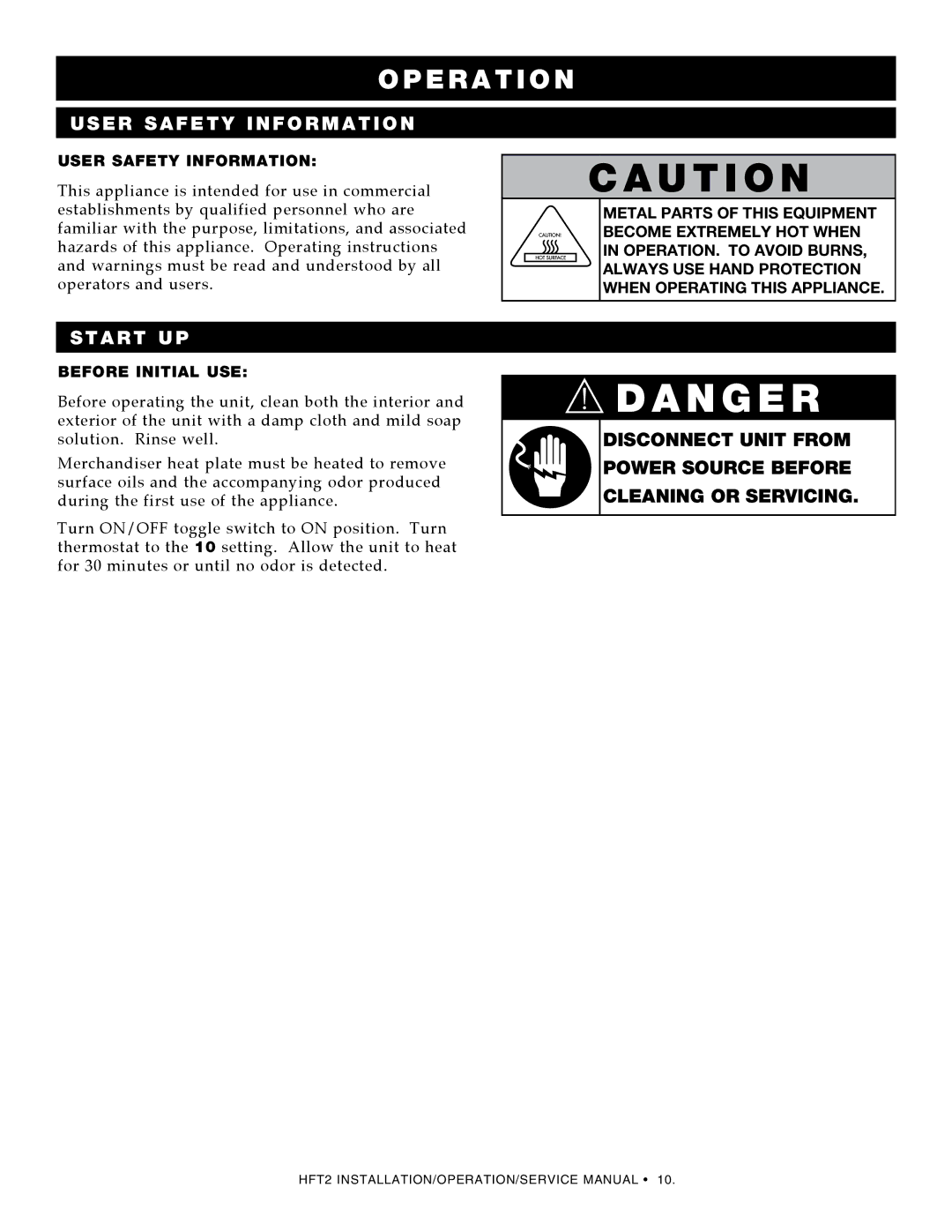 Alto-Shaam HFT2-400, HFT2-300, HFT2SYS-400, HFT2-500, HFT2SYS-500, HFT2SYS-300 manual User safety information, Ta rt up 