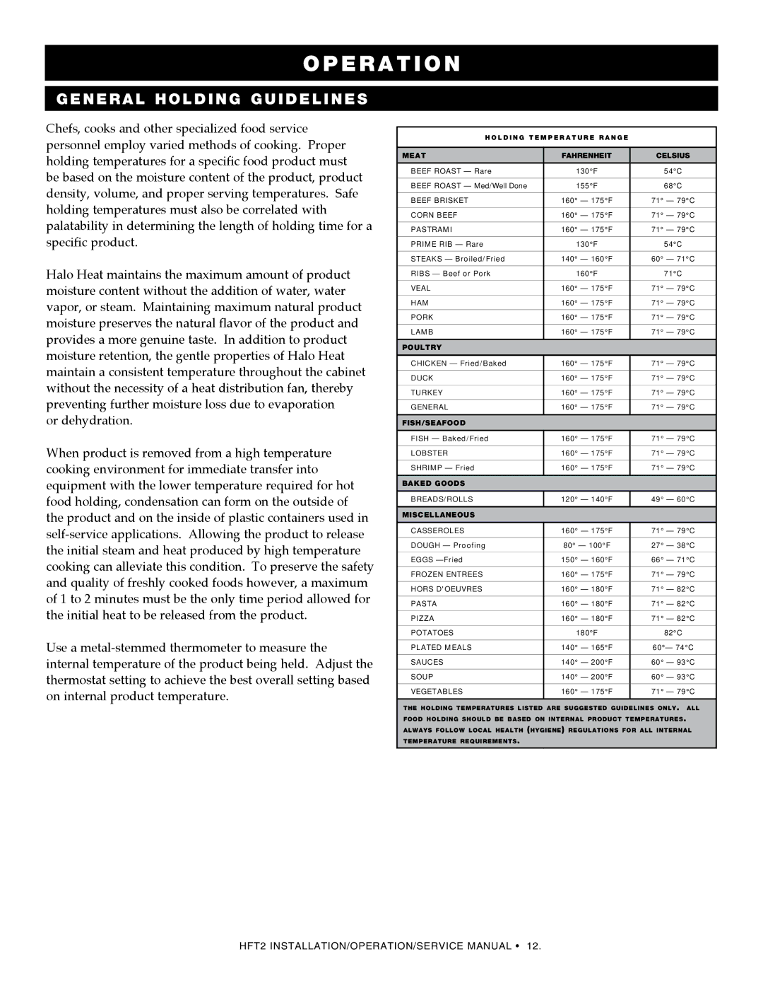 Alto-Shaam HFT2SYS-400, HFT2-400 manual Gener a l holding guidelines, Holding temperatures for a specific food product must 