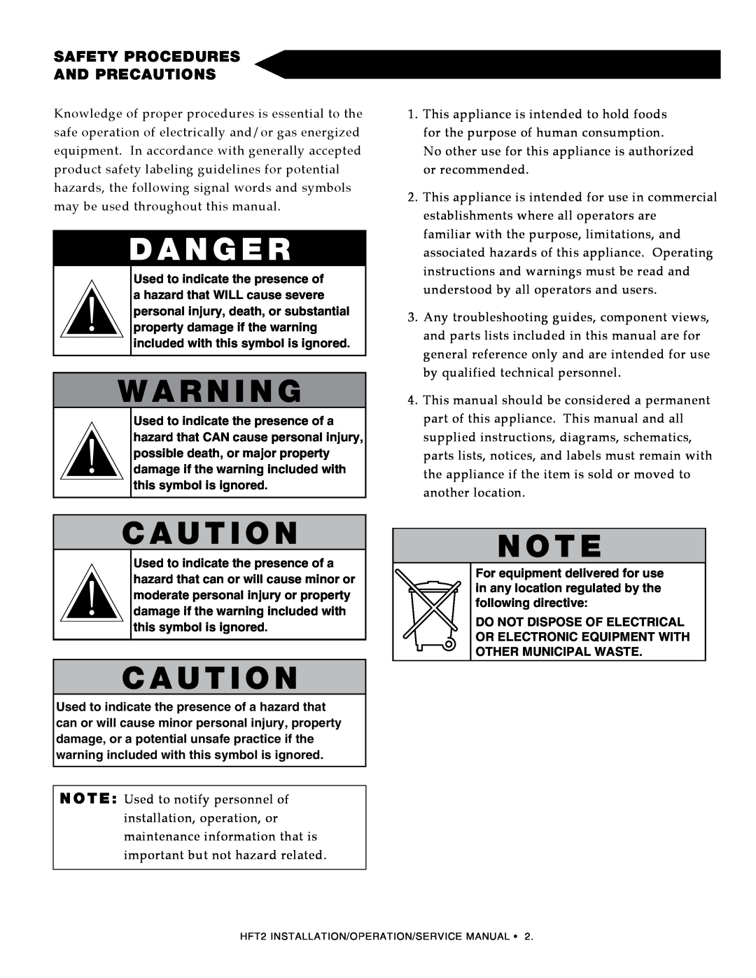 Alto-Shaam HFT2SYS-500, HFT2-400 D A N G e R, W A R N i N G, C A u t i O N, N O t e, sAFety PROCeDuRes AND PReCAutiONs 