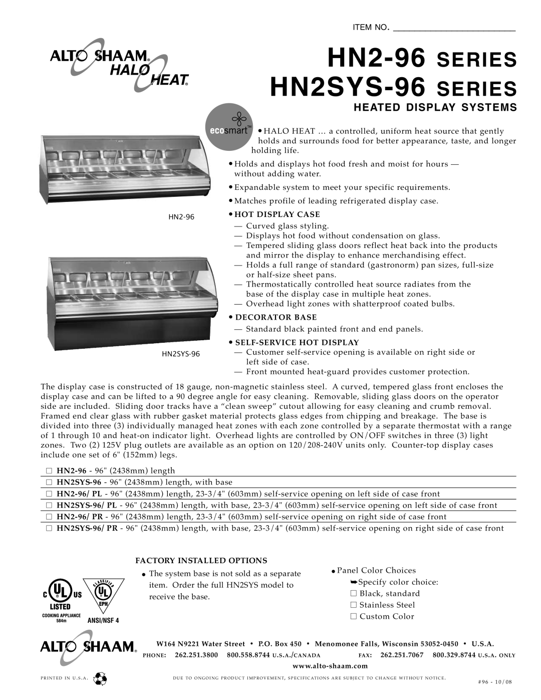 Alto-Shaam HN2SYS-96 specifications HN2-96 HN2SYS-9, Series Series, Item No, Heated Display Systems 