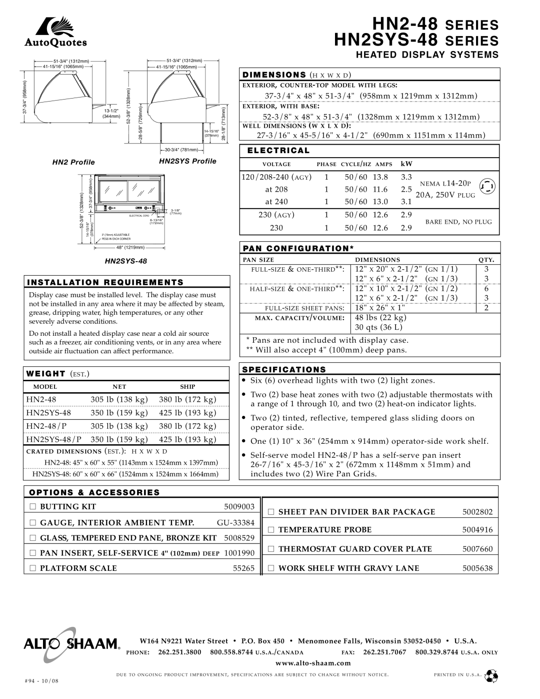 Alto-Shaam HN2-48, HN2SYS-48 Butting KIT, Sheet PAN Divider BAR Package, GAUGE, Interior Ambi ENT Temp, Temperature P Robe 