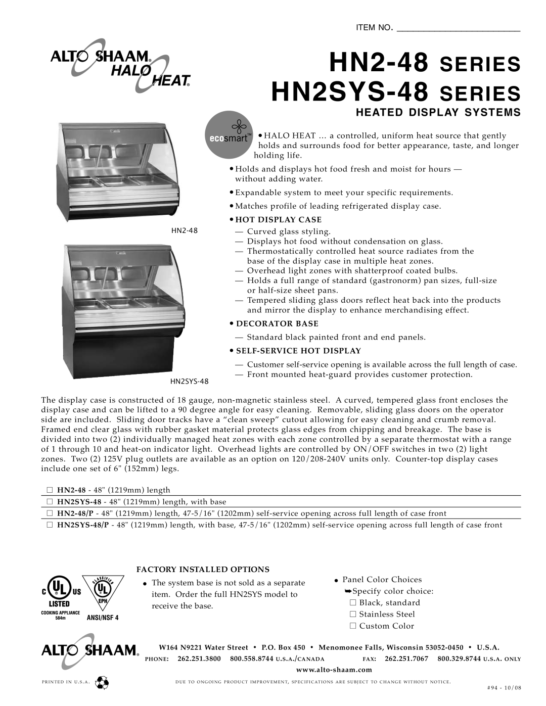 Alto-Shaam HN2SYS-48/P, HN2-48/P specifications HN2-48HN2S YS-48, Series Series, Item No, Heated Display Syste Ms 