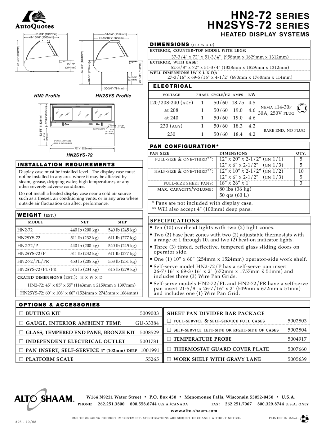 Alto-Shaam HN2SYS-72 Spec if Ications, Butting KIT, GAUGE, in Terior Ambient TE MP, GLASS, Tempered END PANE, Bronze KIT 