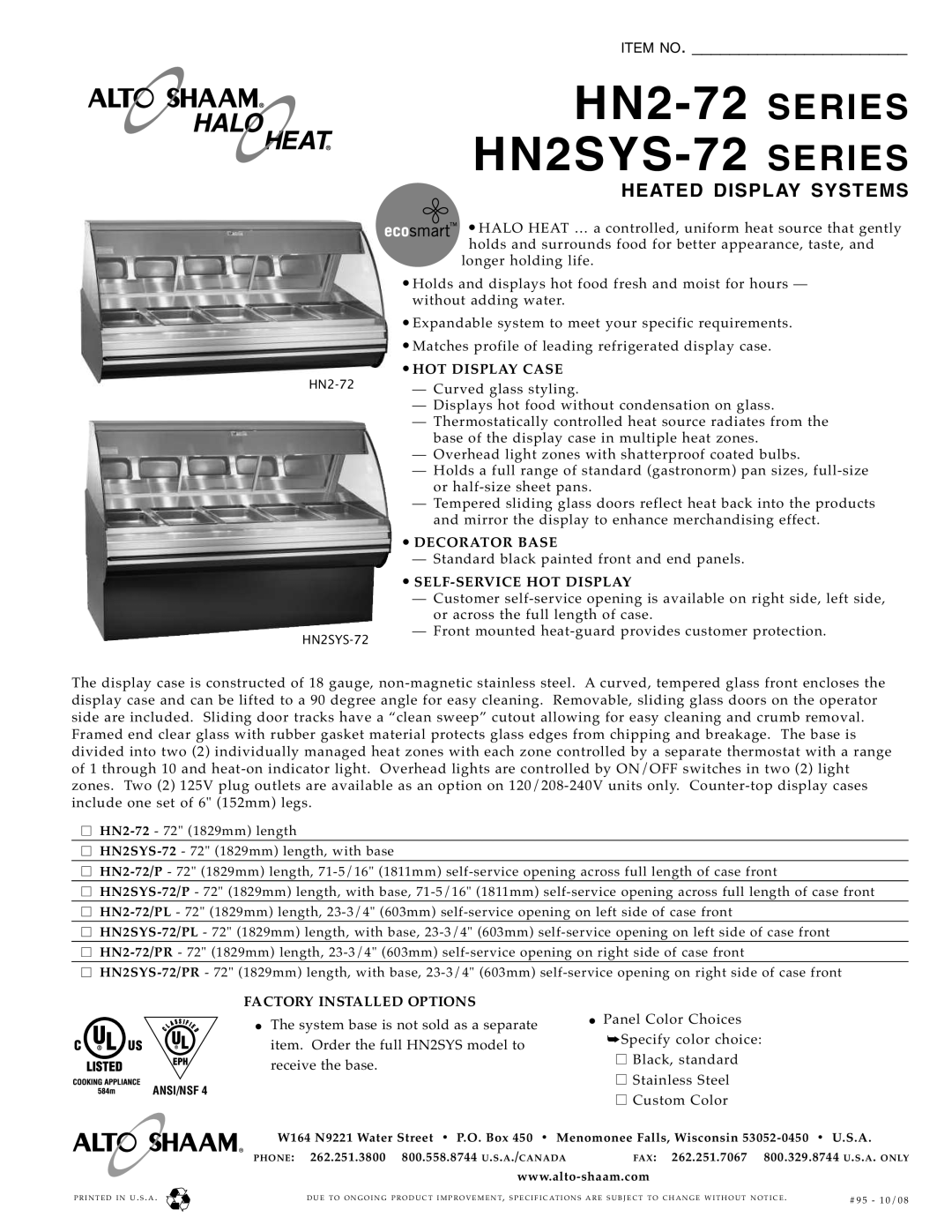 Alto-Shaam HN2SYS-72 specifications HN2-72 SERIES HN2SY S-72 SERIES, Item No, Heated Display Systems 