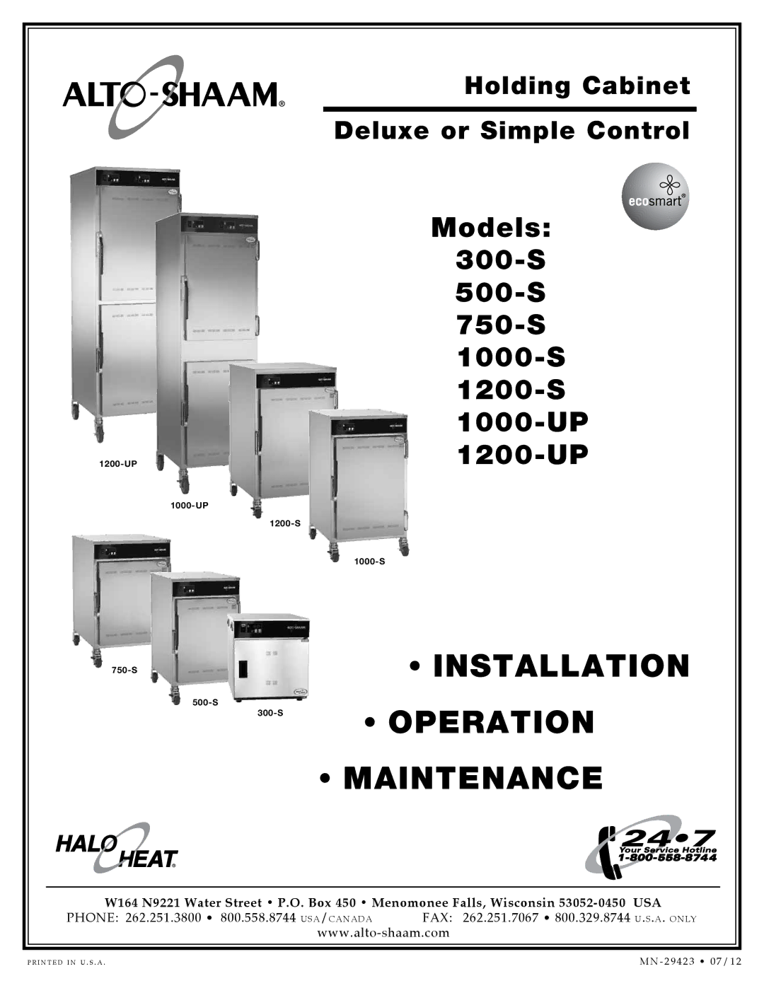 Alto-Shaam 750-S, 500-S manual Inst Allati on, Operation, MAI Ntena NCE 