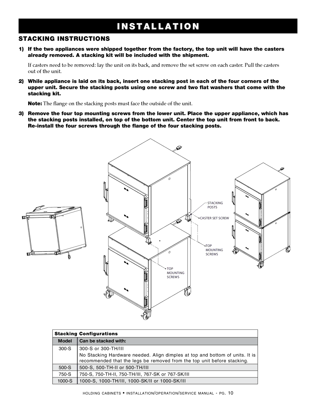 Alto-Shaam 750-S, Holding Cabinet, 300-S, 500-S StaCKIng InStrUCtIonS, Stacking Configurations Model Can be stacked with 