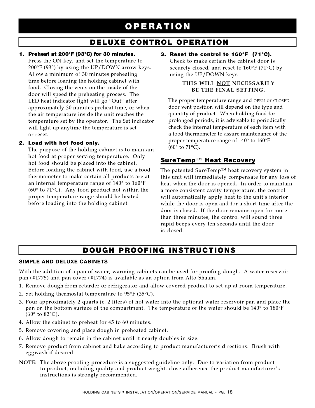 Alto-Shaam 750-S, Holding Cabinet manual SureTemp Heat Recovery, Preheat at 200F 93C for 30 minutes, Load with hot food only 