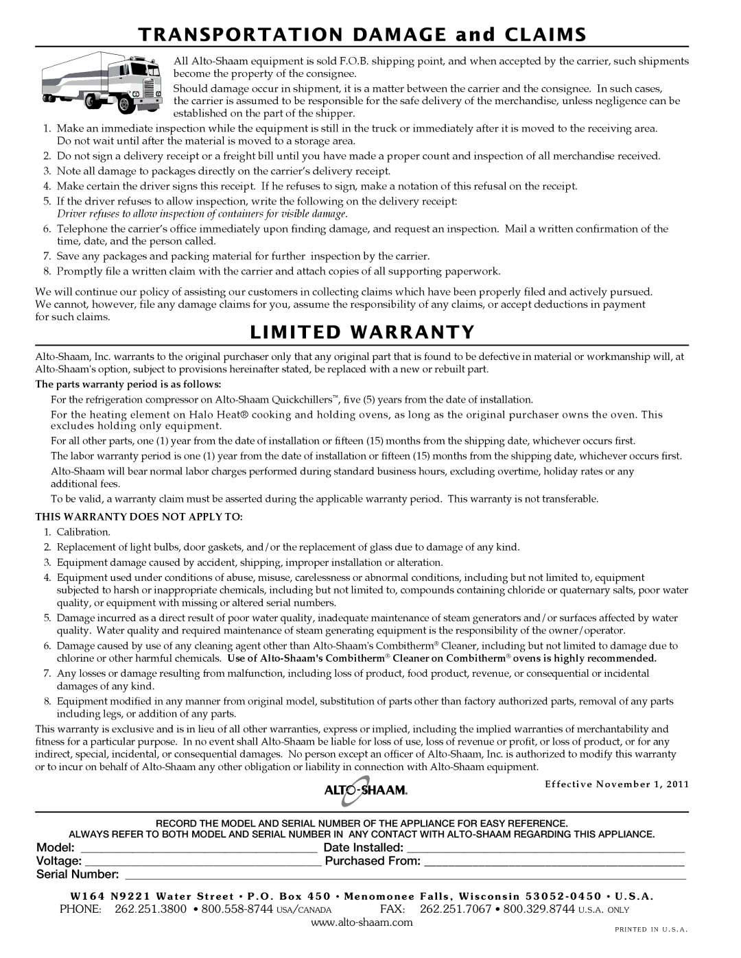 Alto-Shaam 1200-UP, Holding Cabinet, 300-S, 500-S, 750-S, 1000-UP Transportation Damage and Claims, Voltage Purchased From 