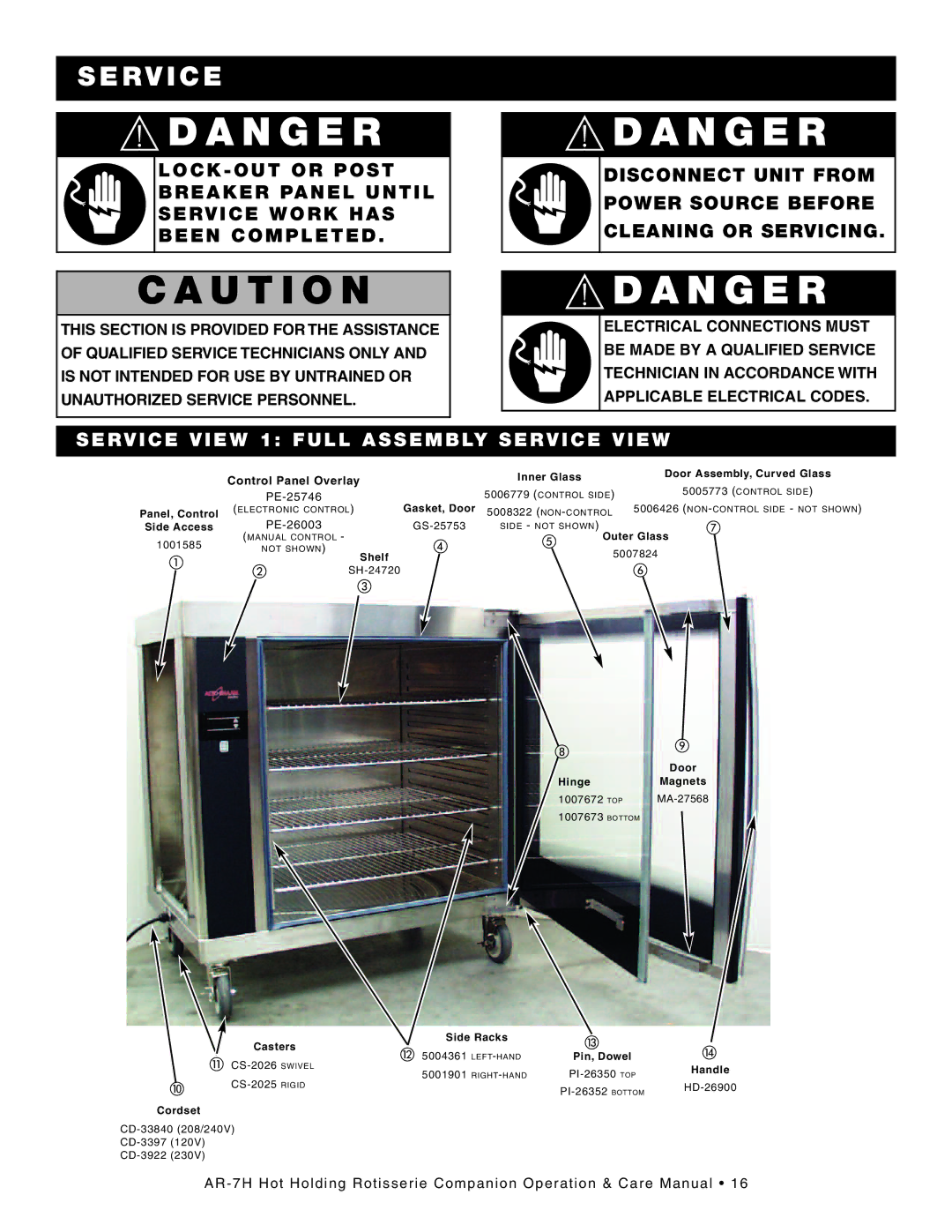 Alto-Shaam Hot Holding Rotisserie Companion manual Da Ng Er, Serv IC E, SE RVI CE VIE W 1 FU LL AS Sembly Service 