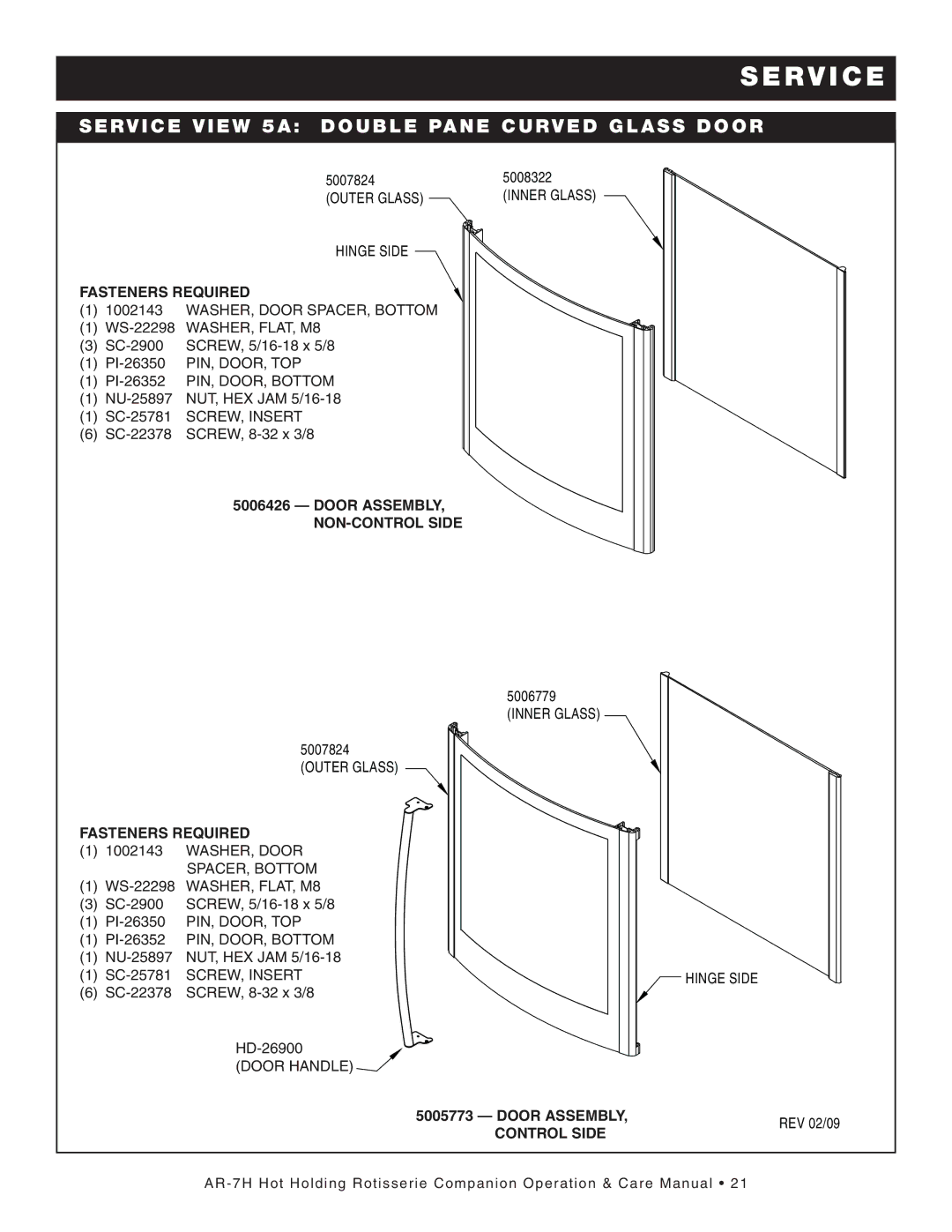 Alto-Shaam AR-7H ELECTRONIC CONTROL manual SER VI CE VI EW 5A DOU BLE Pane CUR VED GLA SS Door, Fasteners Required 