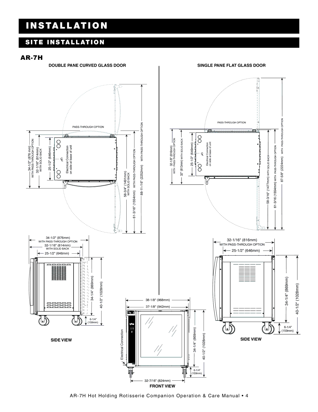 Alto-Shaam Hot Holding Rotisserie Companion, AR-7H MANUAL CONTROL manual Ins Tal Lat Ion, SI TE Inst Alla Tion 