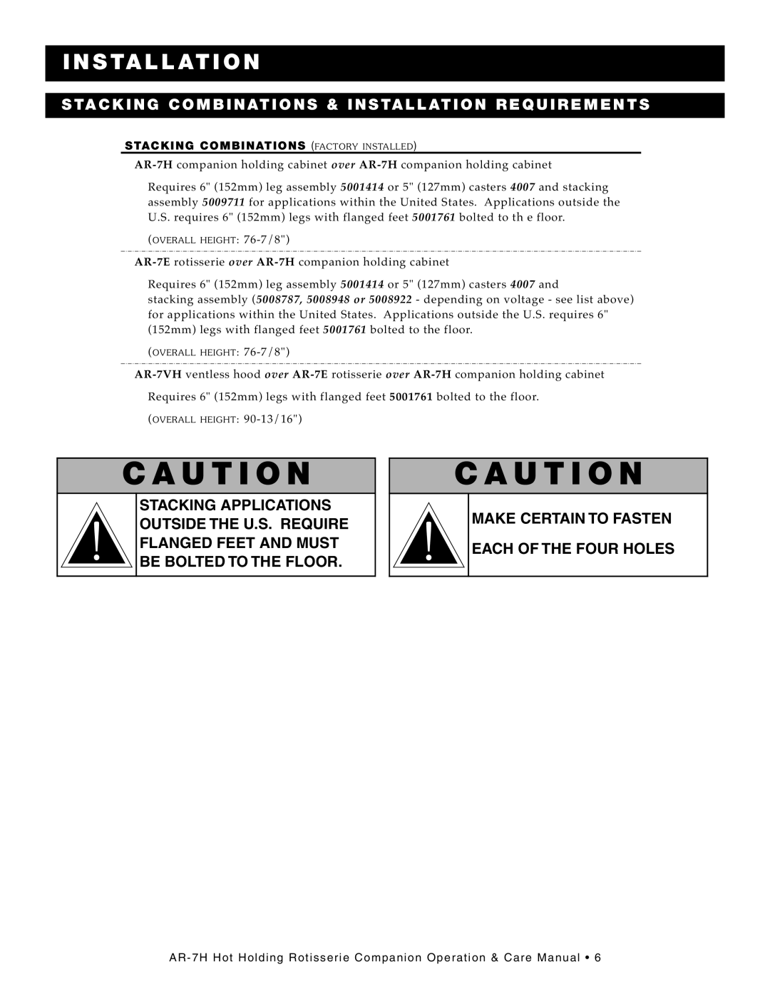 Alto-Shaam AR-7H ELECTRONIC CONTROL manual AU Tion, Au Ti O N, STA CK ING COM BIN AT Ions & Insta Llat ION RE QU Irements 