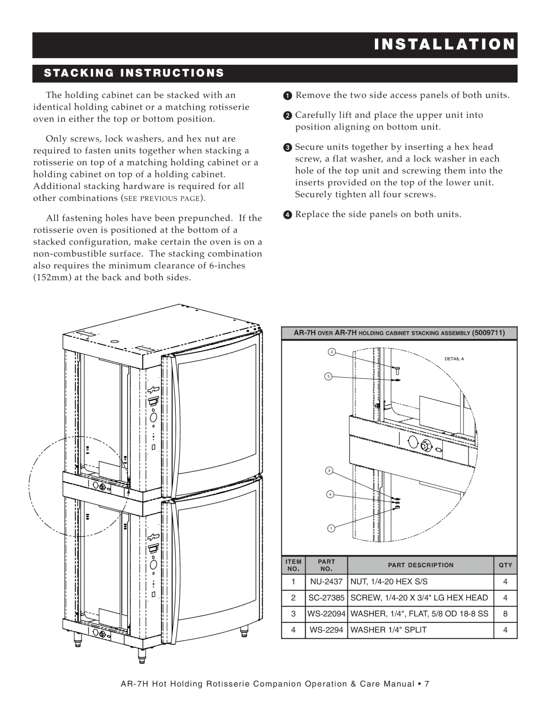 Alto-Shaam Hot Holding Rotisserie Companion, AR-7H MANUAL CONTROL, AR-7H ELECTRONIC CONTROL manual STA CK ING in Stru Ction S 