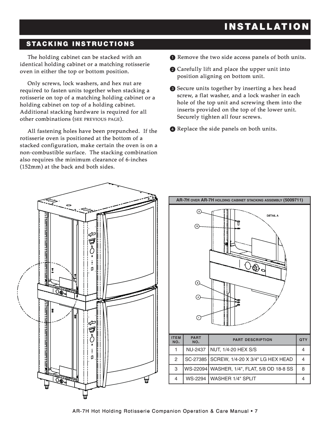 Alto-Shaam Hot Holding Rotisserie Companion, AR-7H MANUAL CONTROL manual Sta Ck Ing In Stru Ction S, In Sta Lla Tio N 