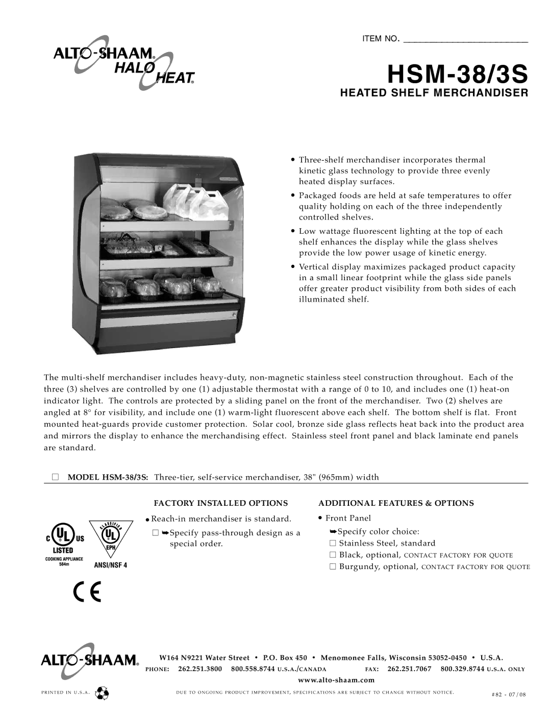 Alto-Shaam HSM-38/3S specifications Specify pass-through design as a special order 