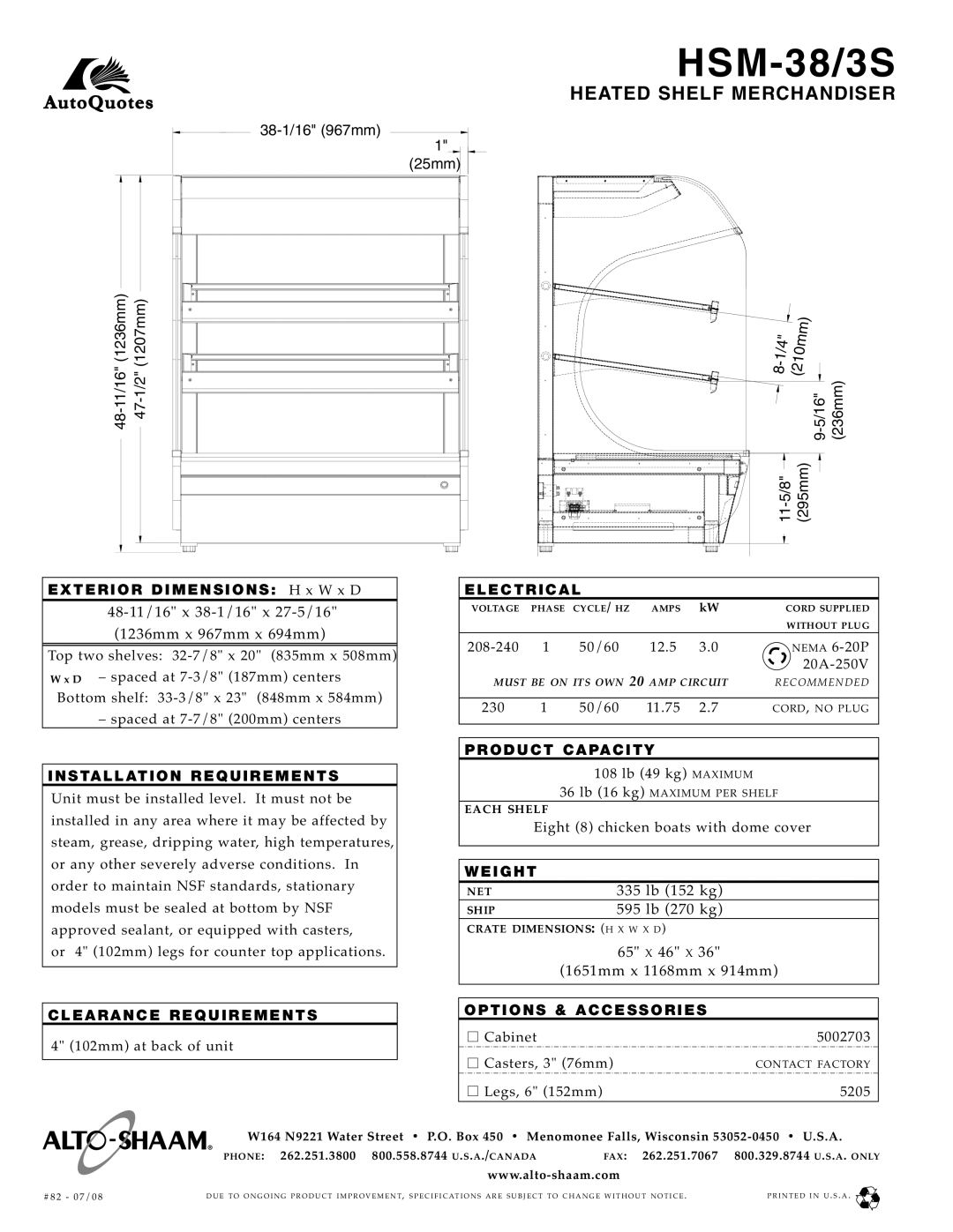 Alto-Shaam HSM-38/3S specifications Electrical, Product Capacity, Weight, Options & Accessories 