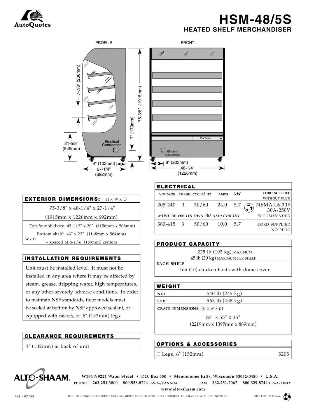 Alto-Shaam HSM-48/5S specifications Electrical, Product Capacity Installation Requirements, Clearance Requirements, Weight 