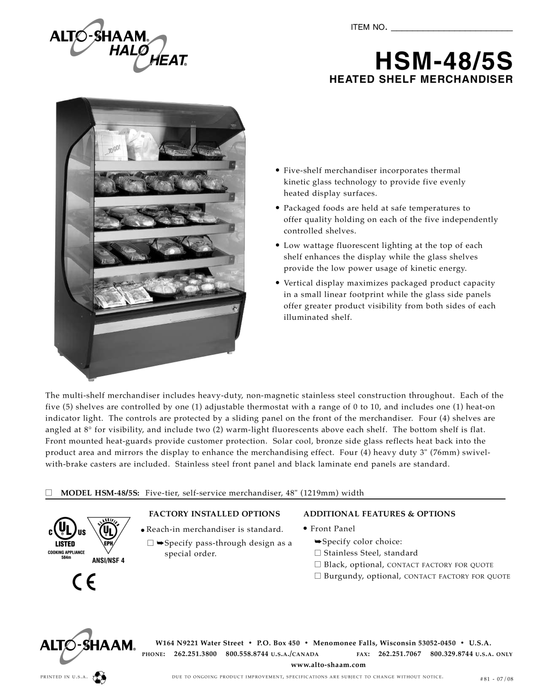 Alto-Shaam HSM-48/5S specifications Heated Shelf Merchandiser, Item No, Additional Features & Options 