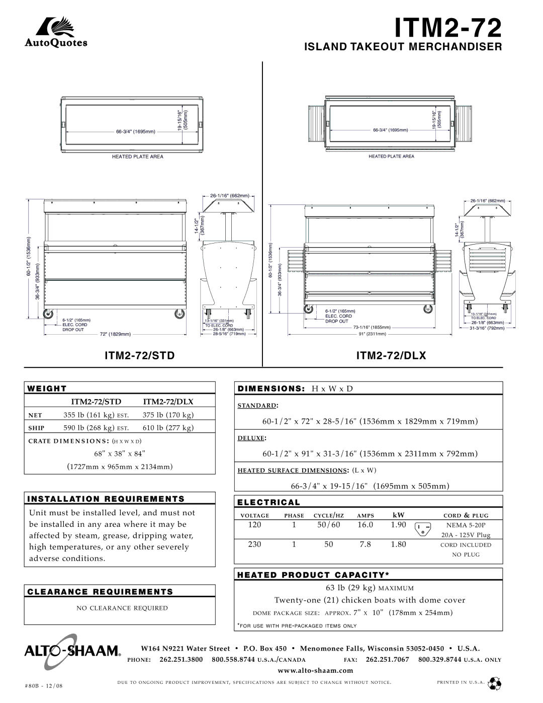 Alto-Shaam specifications ITM2-72/STD ITM2-72/DLX 