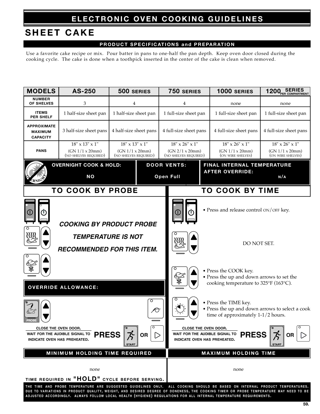 Alto-Shaam MN-28656 manual HE E T Cake, PRO D U CT SP Ecific Ations, Prepa Ratio N, Overni GHT Cook & HOLDn/aNo 