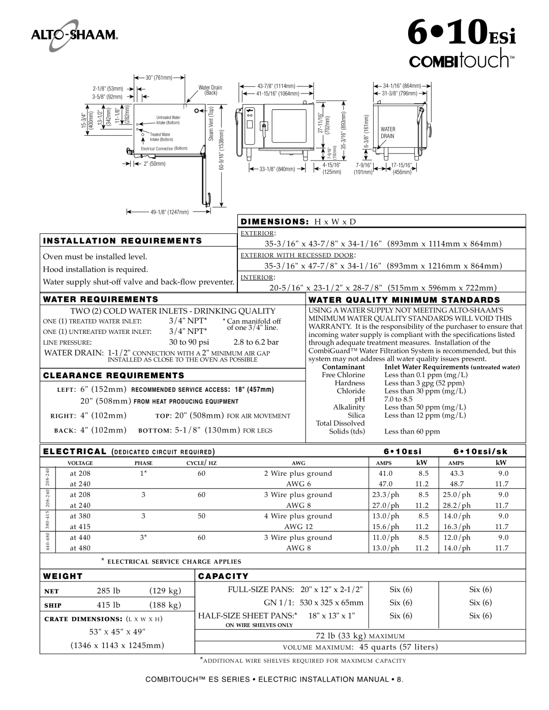 Alto-Shaam MN-29245 manual 610ESi, Ins Ta Ll At Ion, Ents, 61 0 ES, Weight Capa CIT Y 