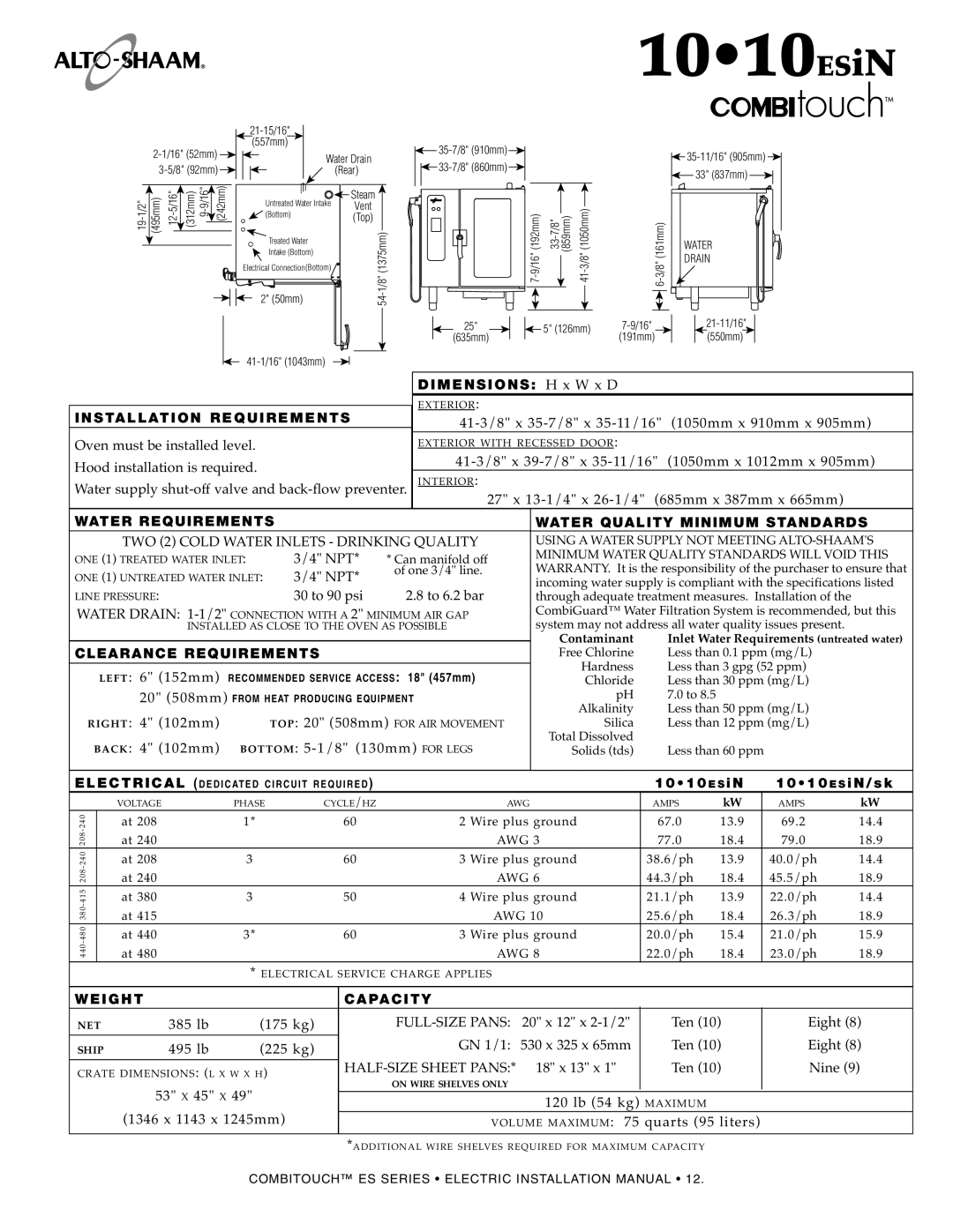 Alto-Shaam MN-29245 manual 1010ESiN, S iN/sk, Weig HT Capa CIT Y 