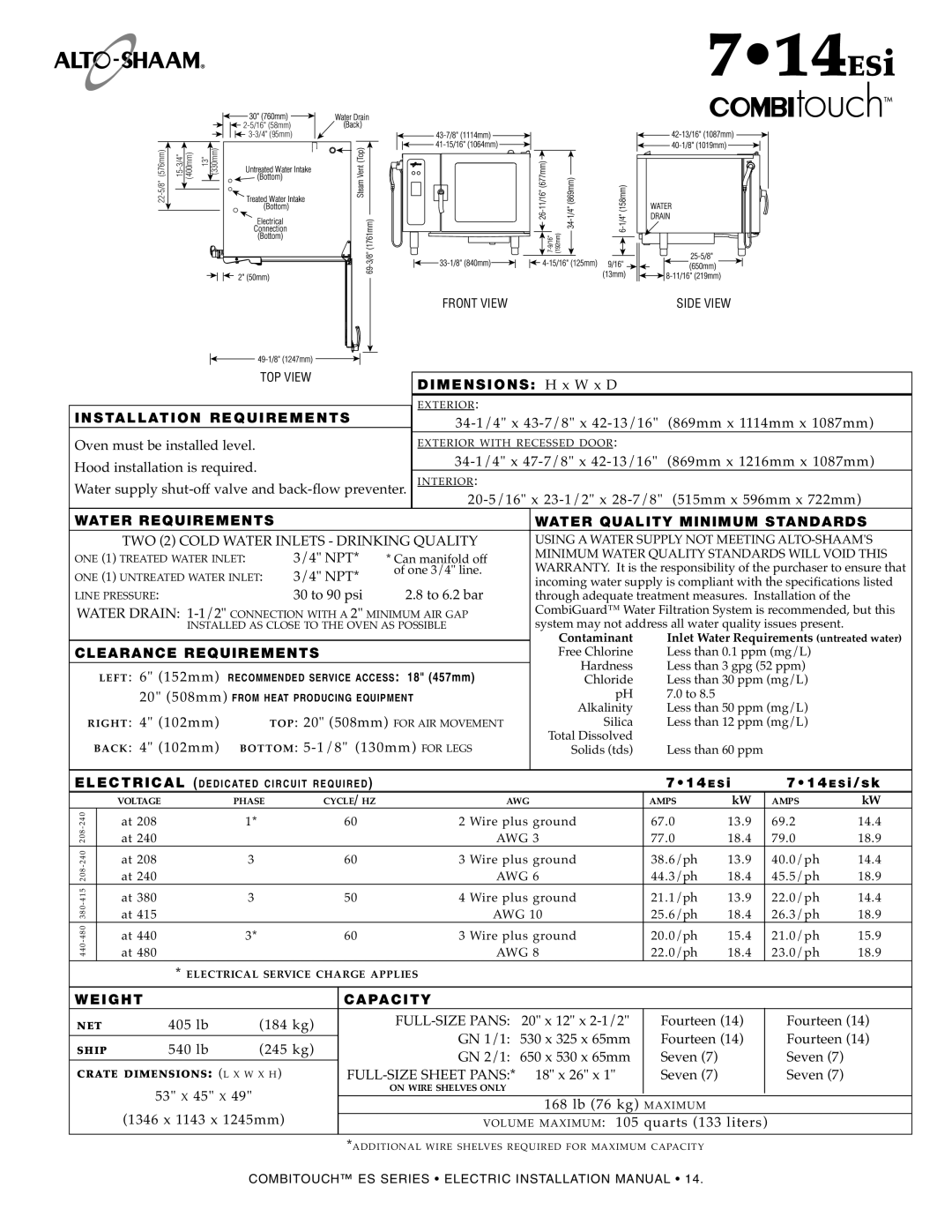 Alto-Shaam MN-29245 manual 714ESi, Elect Rical, E S S i/sk, WE Ight Capa City 